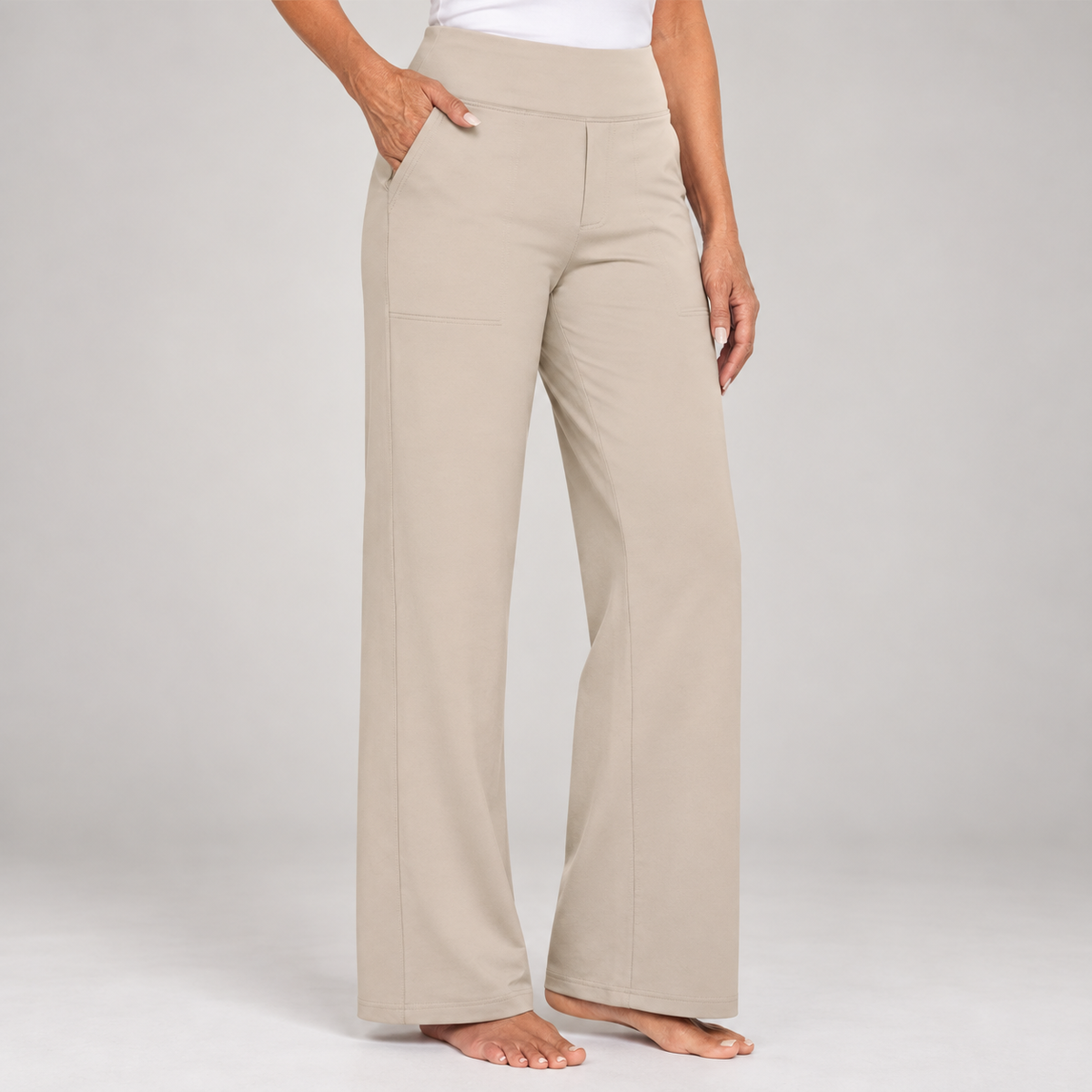 Pantalon stretch confort taille haute – Crème
